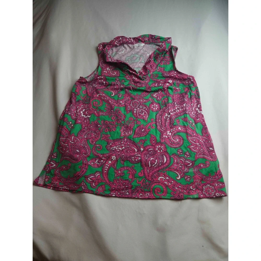 Crown & Ivy Top Womens L Green Pink Paisley Country Club Summer Resortwear